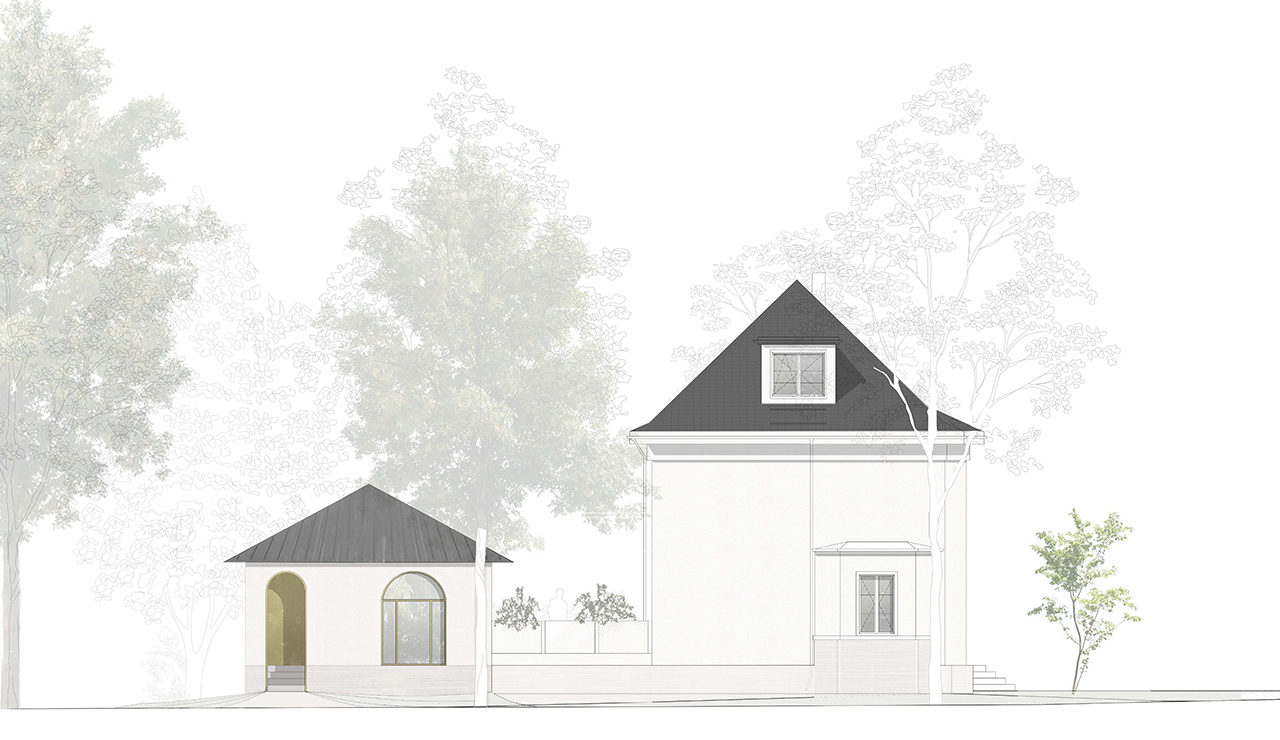 Ansichtszeichnung mit Neu- und Altbau